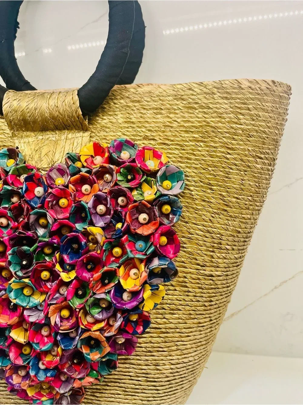 Floral Heart Straw Tote Bag | Handmade Statement Beach Market Bag